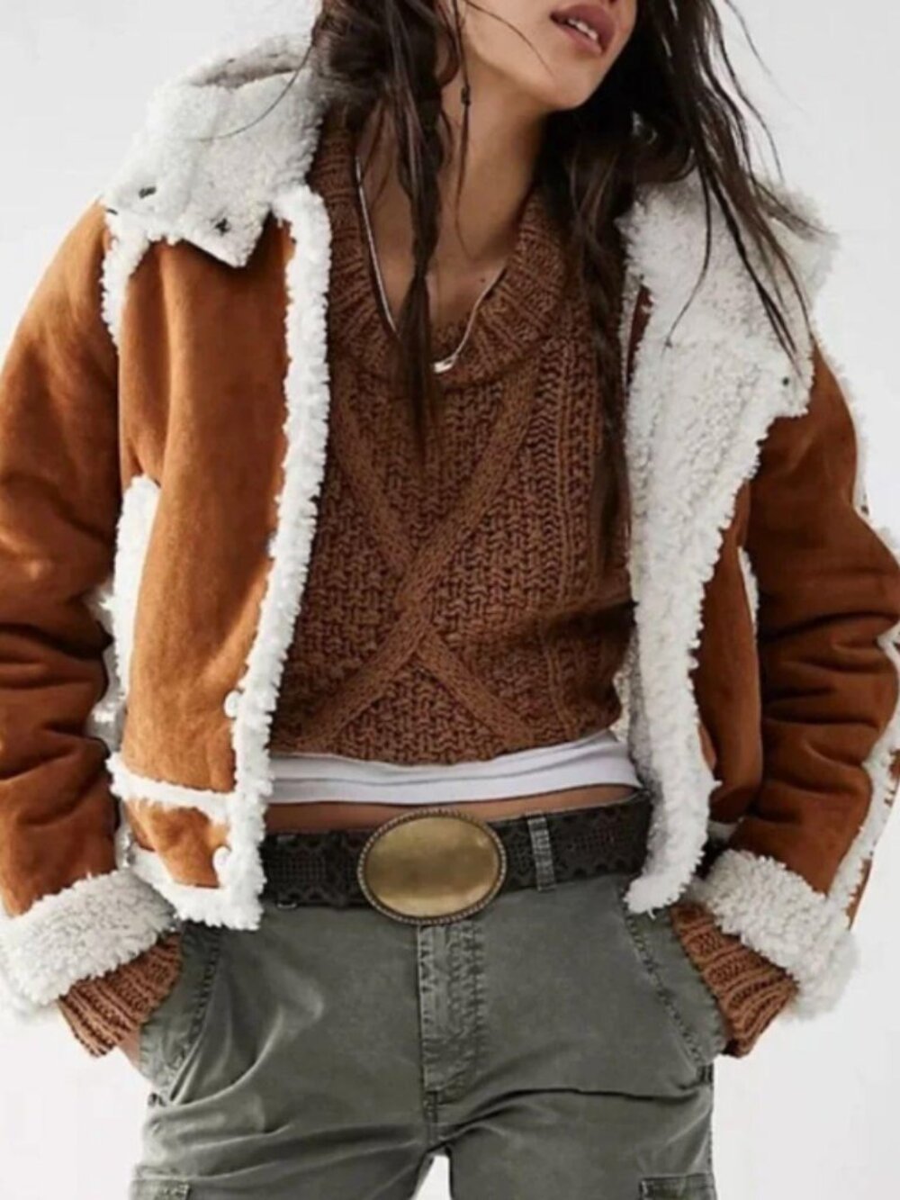 Free People Vegan Exchange Shearling Sherpa Hooded Coat Sand Chestnut XS